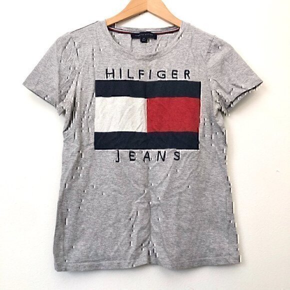 TOMMY HILFIGER Embroidered Logo Flag Tee Gray Spellout Short Sleeve T-Shirt S - Picture 2 of 8